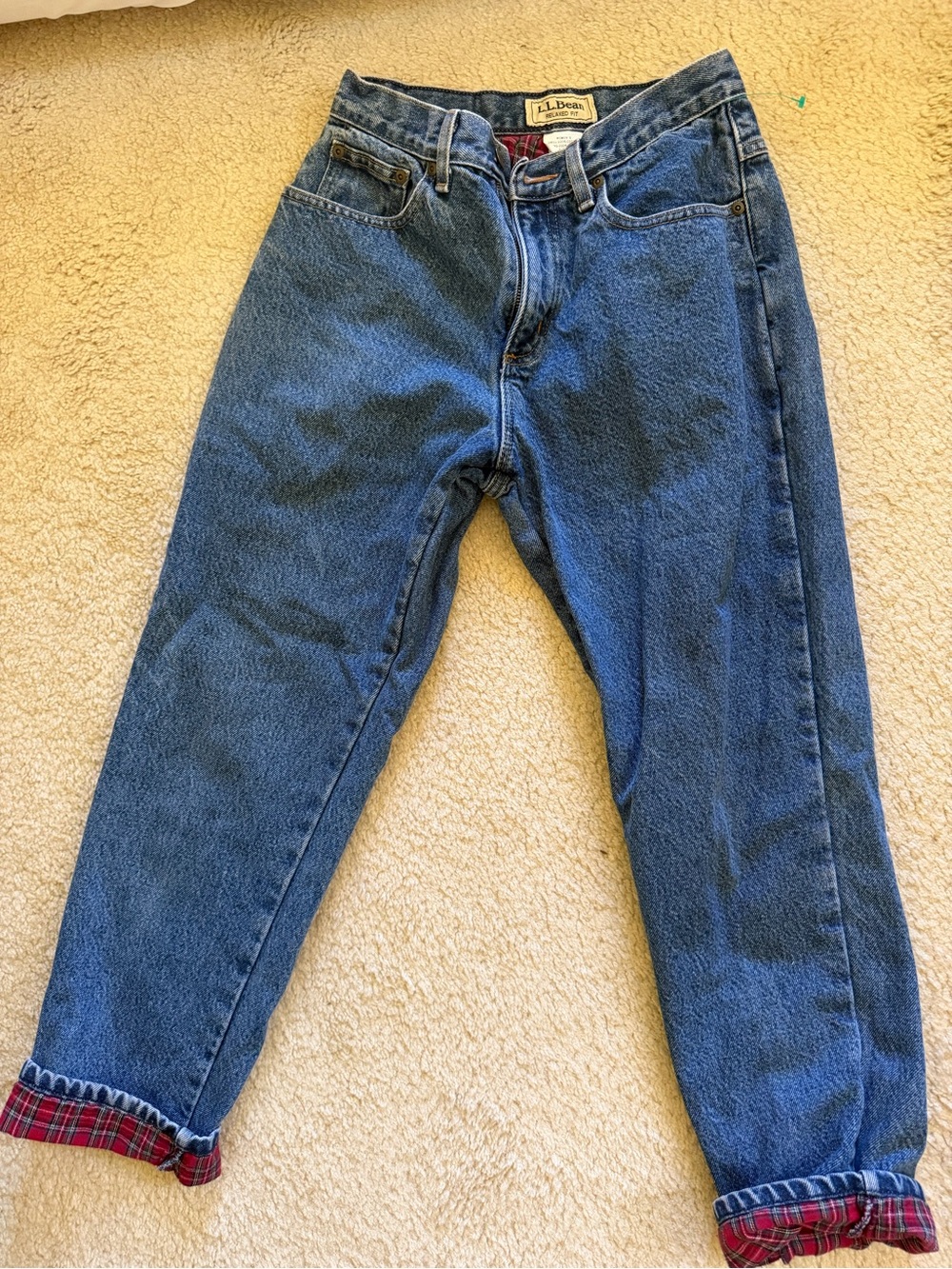 L.L. Bean Woman’s Relaxed Blue Denim Jeans with Plaid Cuffs